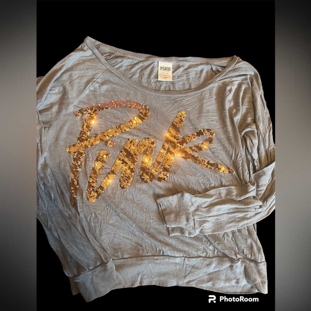 🎃 Vintage PINK Victoria's Secret Gray Long Sleeve Tee with Gold Sequins